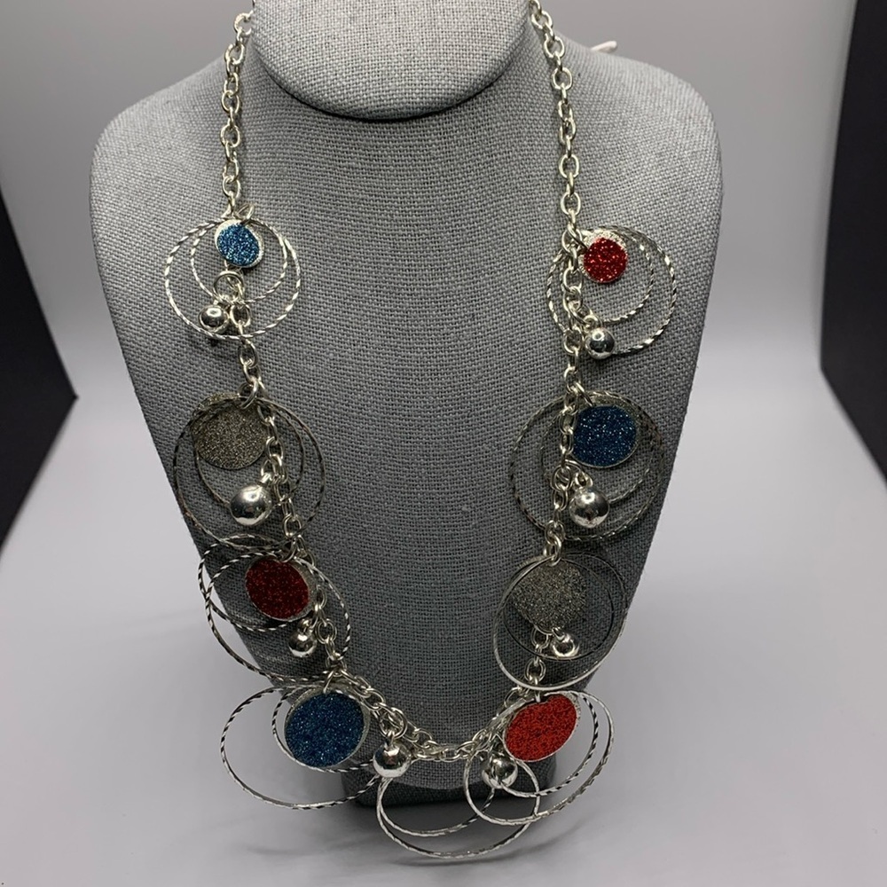 Silver Tone Charm Necklace 15” Blue & Red Circles